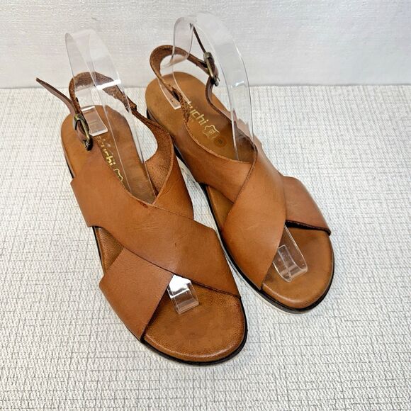 BERTUCHI Caramel Tan Leather Crossover Slingback Buckle Wedge Sandals 8 - Picture 1 of 6